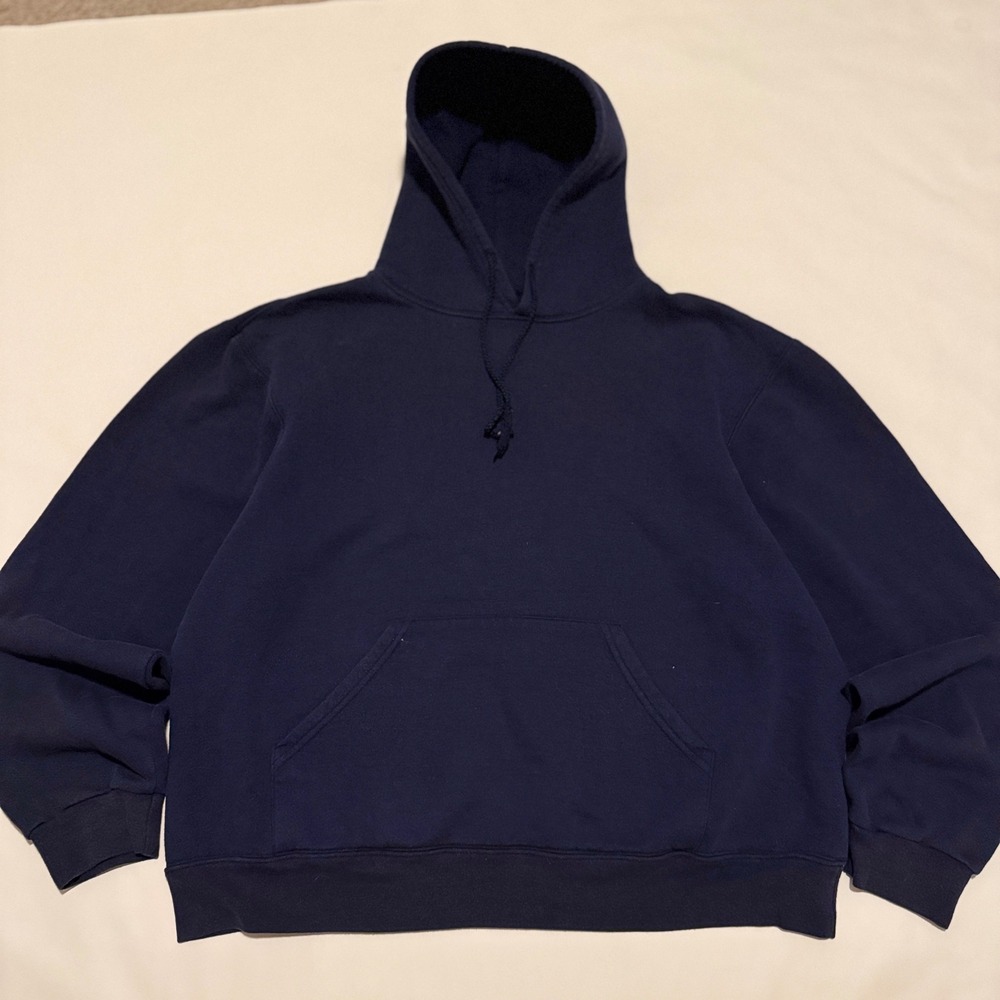 Soffe Hoodie Men Large Navy Blue Solid Pullover Kangaroo Pocket Athletic Basic